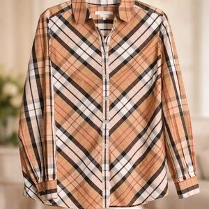 Foxcroft Beige Plaid Button-Front Blouse